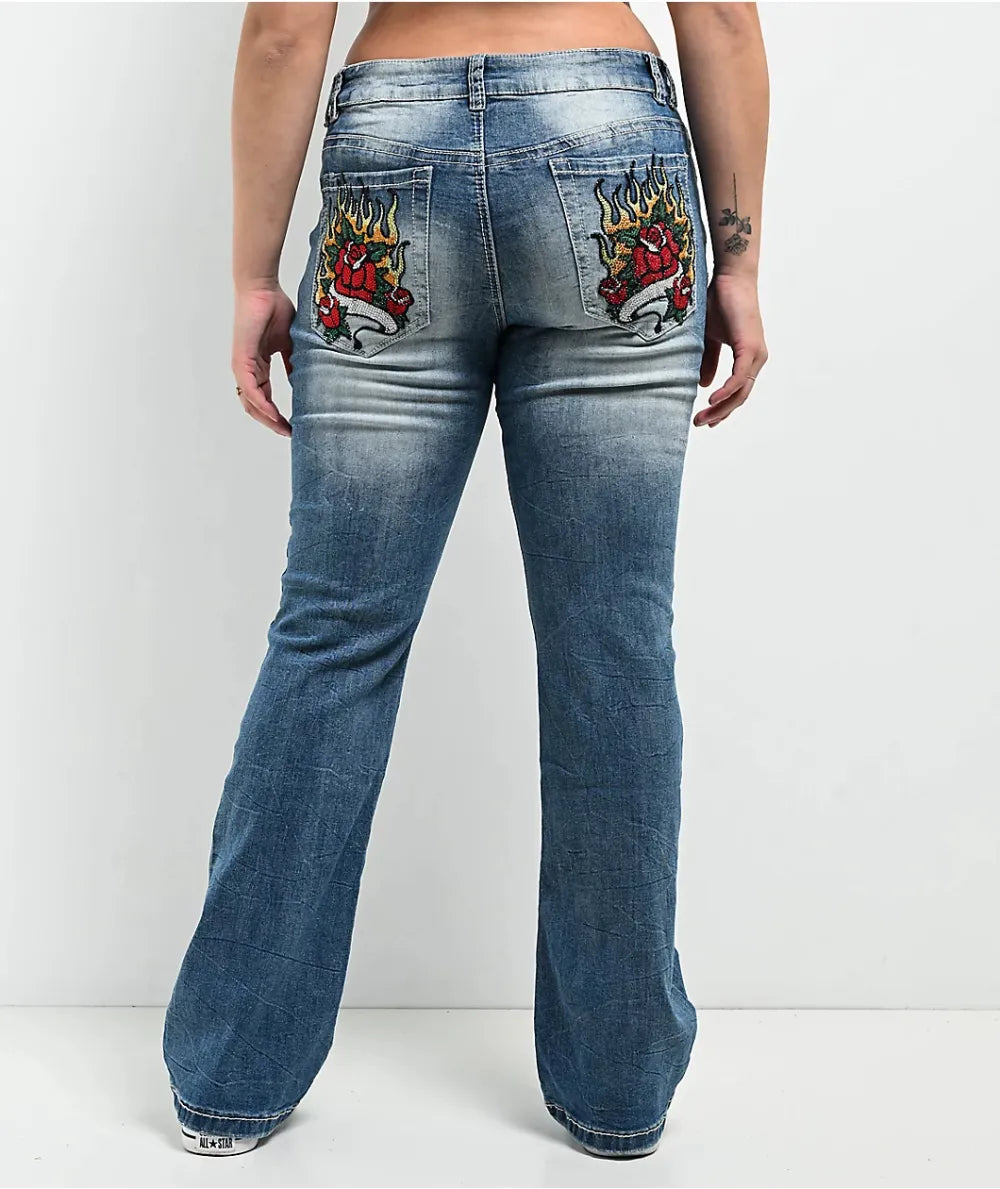 Ninth Hall Alyssia Rose Rhinestone Blue Wash Bootcut Jeans