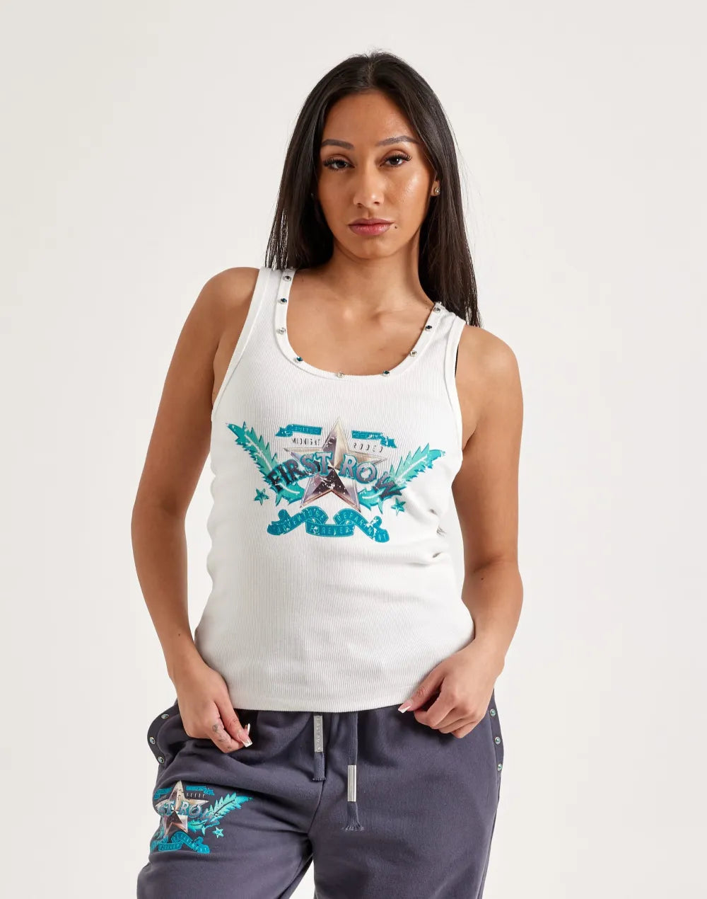 First Row Washed Graphic Tank Top