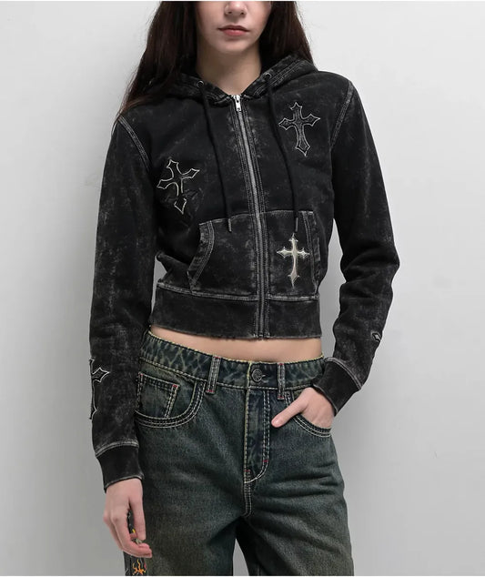 Ninth Hall Andover Cross Black Wash Zip Hoodie