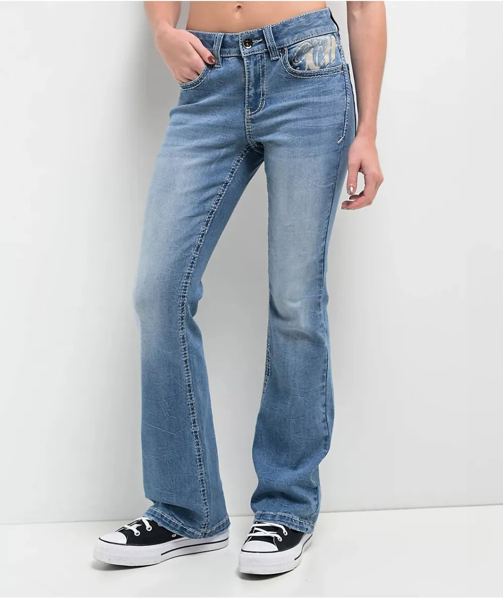 Ninth Hall Alyssia Rose Rhinestone Blue Wash Bootcut Jeans