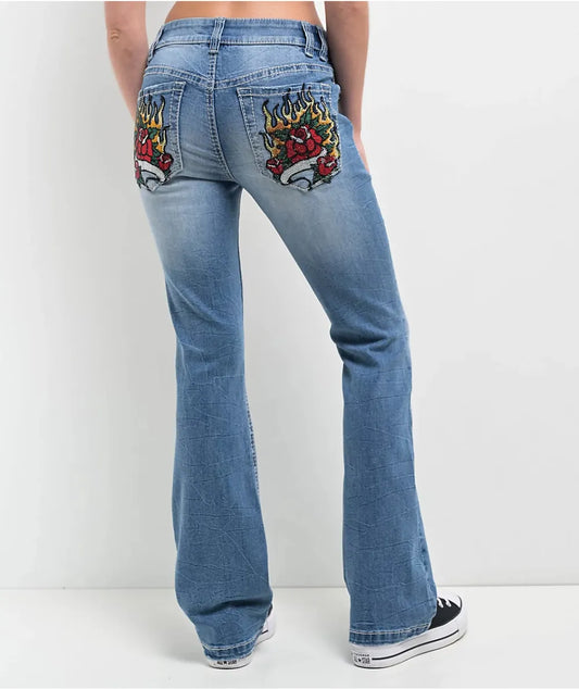 Ninth Hall Alyssia Rose Rhinestone Blue Wash Bootcut Jeans