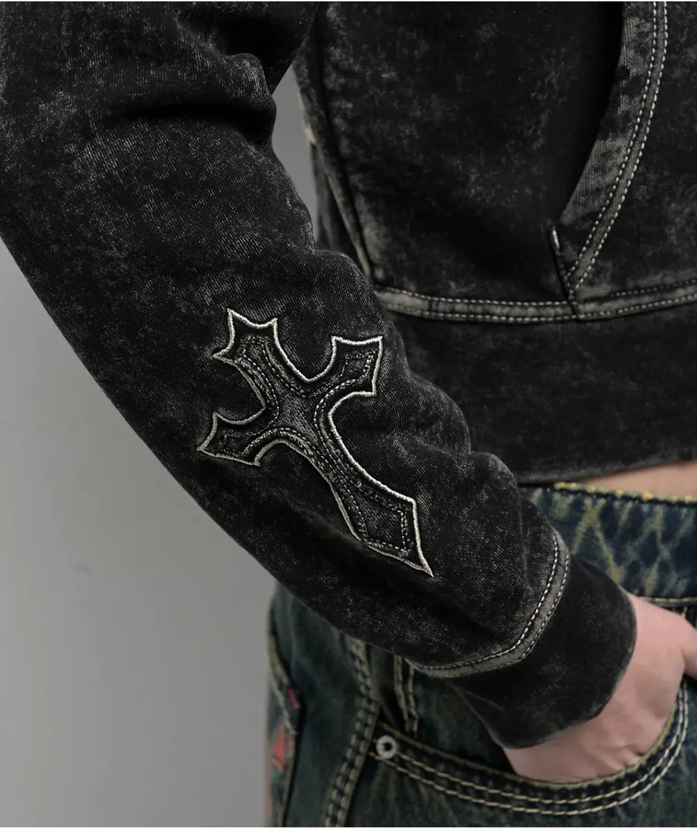 Ninth Hall Andover Cross Black Wash Zip Hoodie