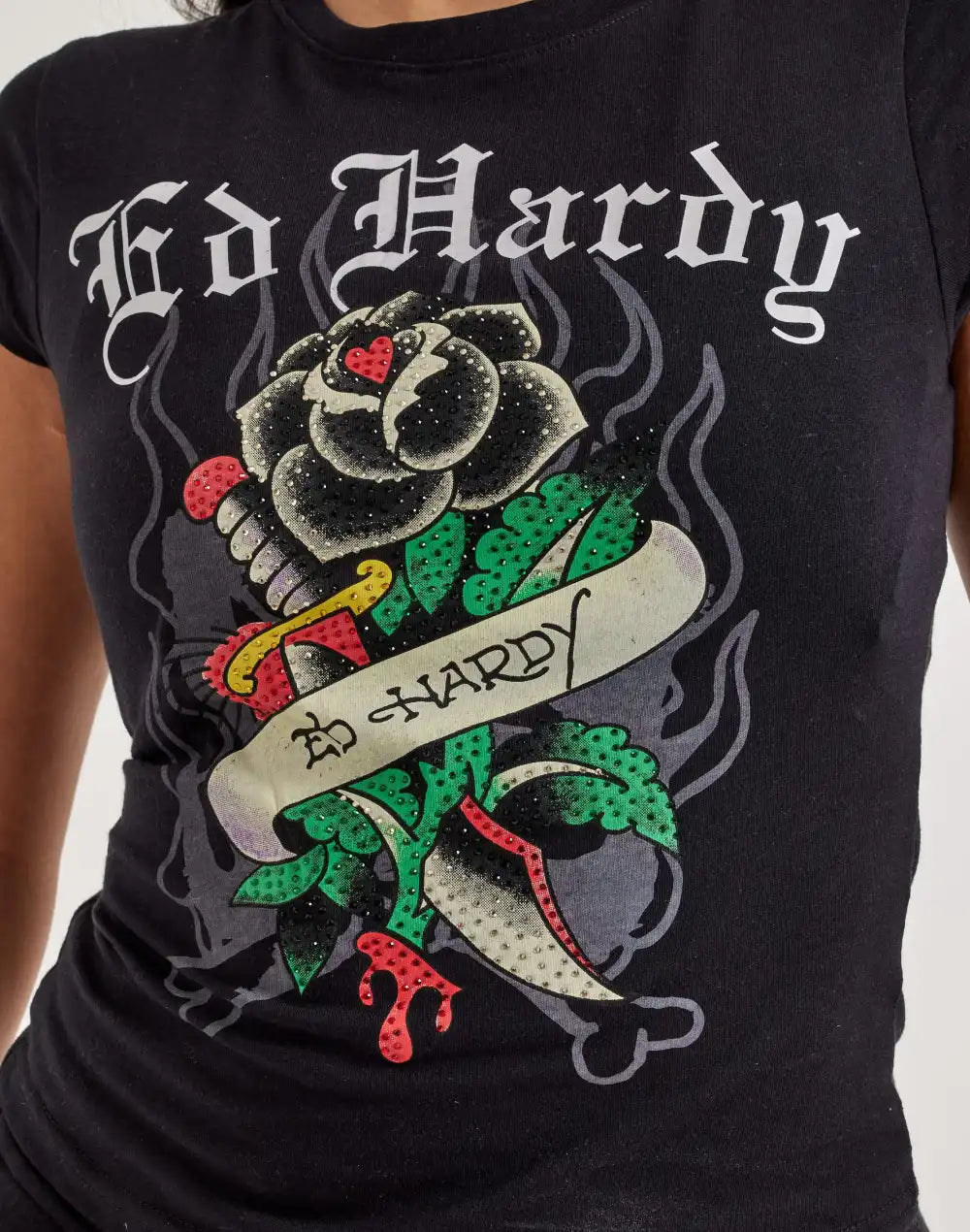 Ed Hardy Black Rose Rhinestone Cap Sleeve Tee