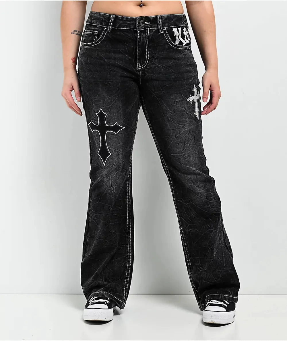 Ninth Hall Alyssia Cross Black Wash Mid Rise Bootcut Jeans