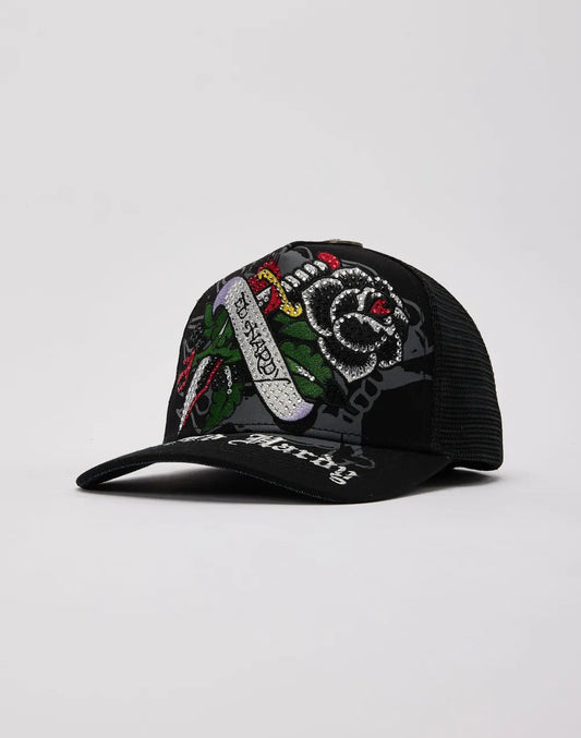 Ed Hardy Black Rose Rhinestone Trucker Hat