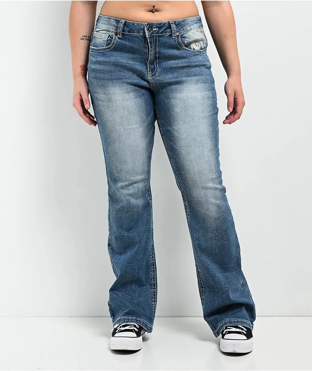 Ninth Hall Alyssia Rose Rhinestone Blue Wash Bootcut Jeans