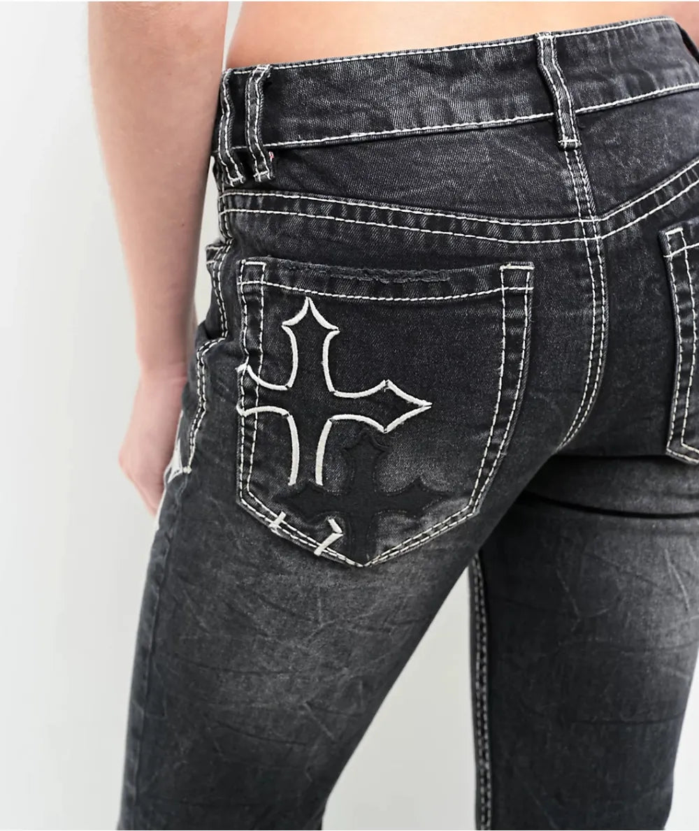 Ninth Hall Alyssia Cross Black Wash Mid Rise Bootcut Jeans