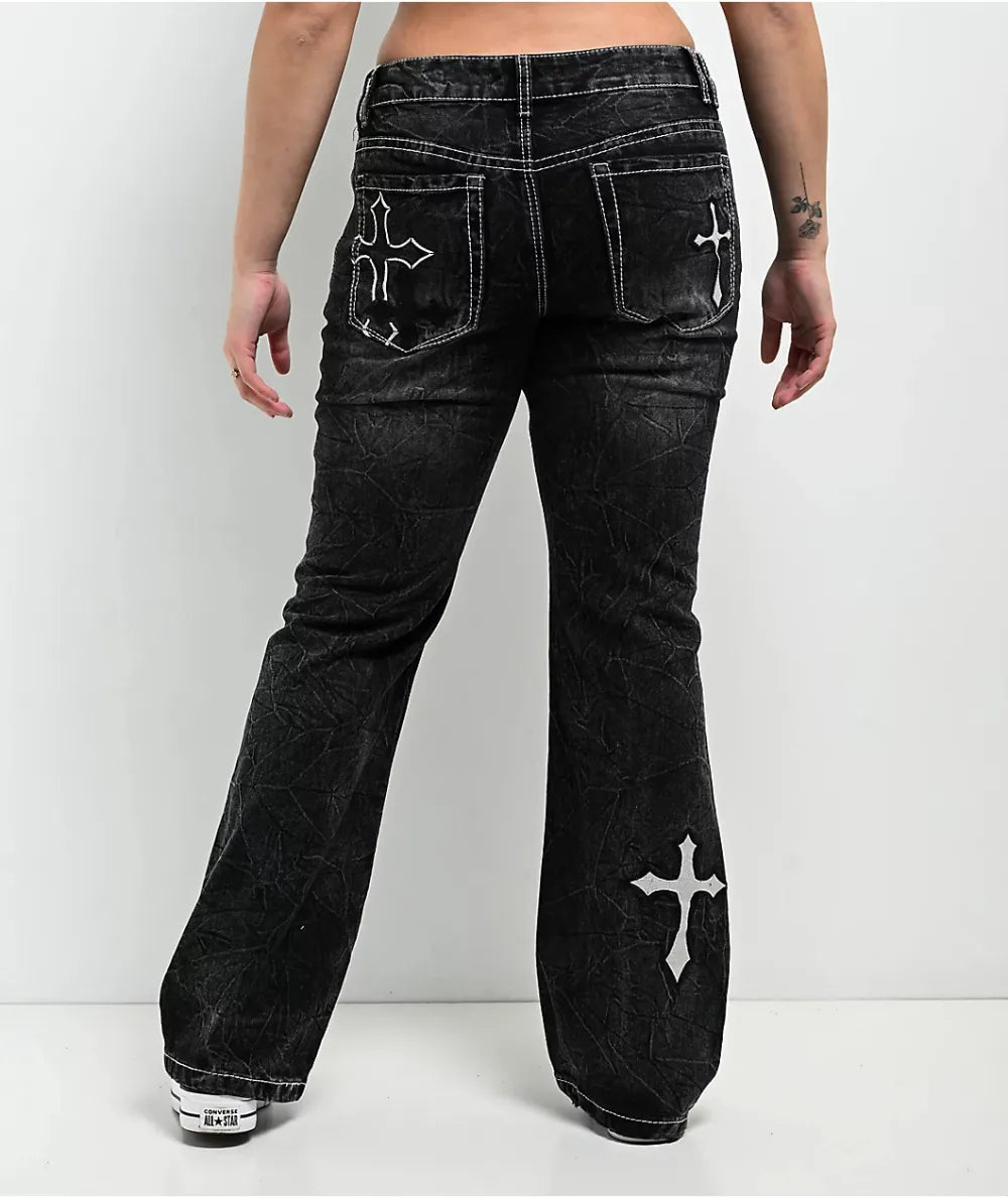 Ninth Hall Alyssia Cross Black Wash Mid Rise Bootcut Jeans