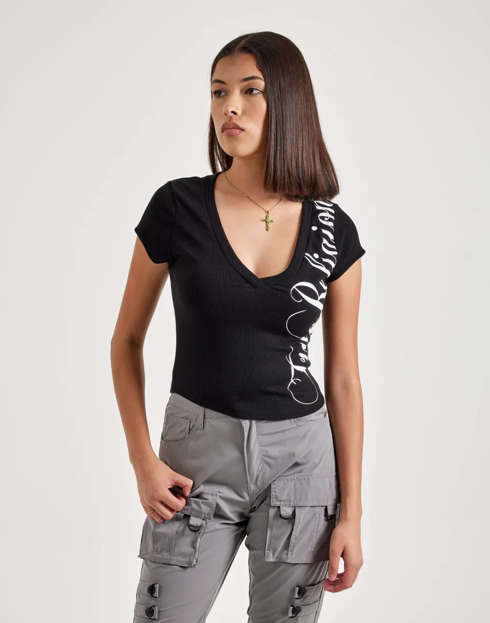 True Religion Cap Sleeve V-Neck Tee