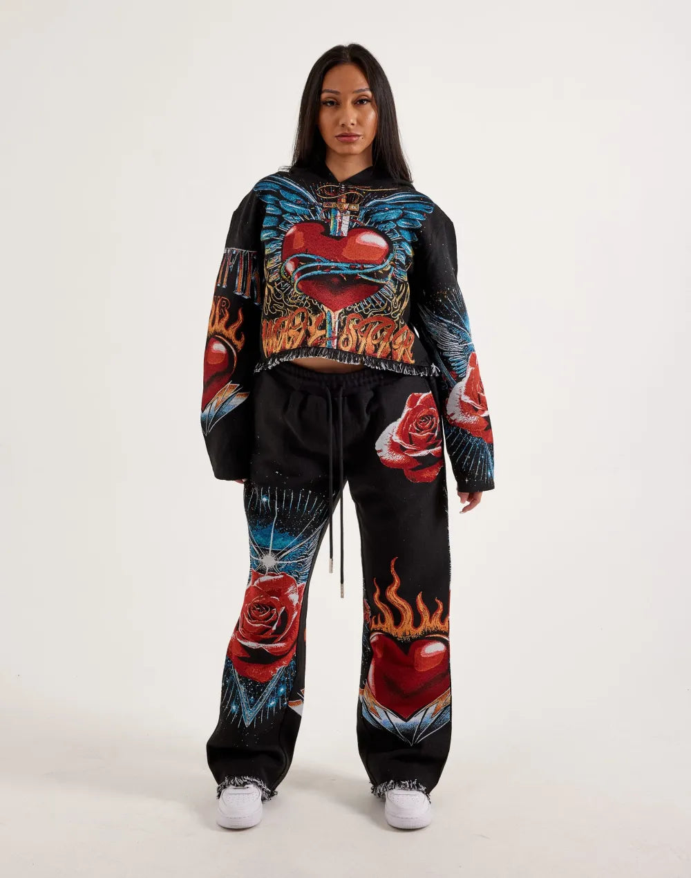 Majestik Winged Heart Tapestry Cropped Hoodie